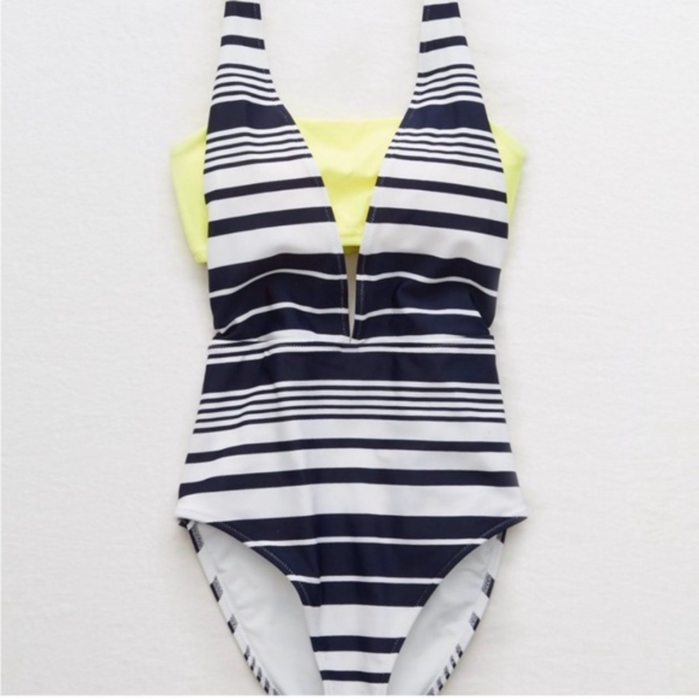 Aerie Stripe OnePiece Swimsuit Navy White  Yellow Bandeau Full Coverage Sz Small